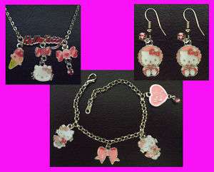 Hello Kitty Pendant Necklace + Bracelet + Earrings Girl  