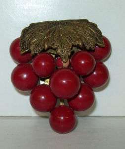 CELLULOID Gilt Brass Shoe DRESS CLIP Red CHERRIES Vintage Bakelite 