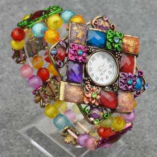 Multicolor Floral Rhinestone Women’s Analog Elastic Wrist Bangle 