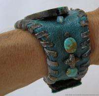   Handmade Leather Wrist Cuff Bracelet w Large Cut Turquoise & Sterling