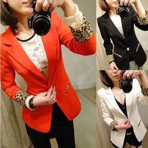 Women Candy Color Casual Blazer Suits Leopard Turn Back Cuff Lapel 
