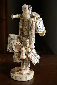 Antique Japanese Okimono Hand Carved Ox Bone Figure Figurine Traveling 