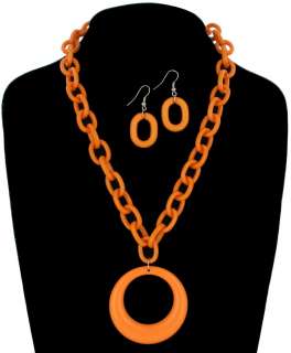 Chain Link Circle Pendant Necklace Earring SET Orange  