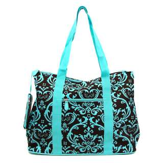NEW DAMASK TOTE DUFFLE DIAPER BAG LUGGAGE BLUE BROWN  