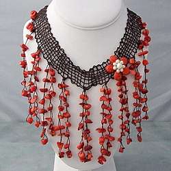 Cotton Multistrand Red Coral/ Pearl Flower Net Bib Necklace (Thailand 