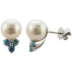 14k White Gold White Akoya Pearl and Blue Topaz Stud Earrings (8 8.5 