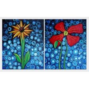  Two Flowers in Blue   2 Canvas Set Oil Painting 24 x 40 