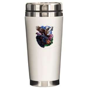    Ceramic Travel Drink Mug Bear Bald Eagle and Wolf 