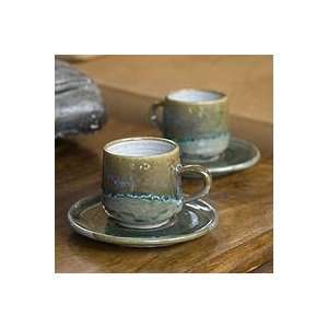 NOVICA Ceramic cups and saucers, Olive Spice (set for 2 