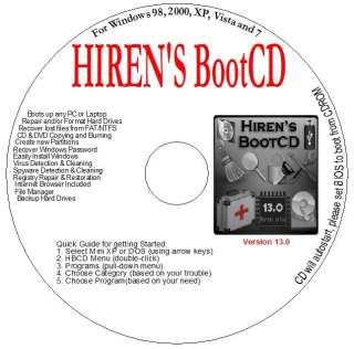 HIRENS BOOTCD 13.0 RECOVERY FIXING OF BSOD CRASH VIRUS  