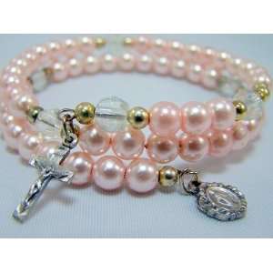    Religious Miraculous Medal Pink Pearl Charm Bracelet Jewelry