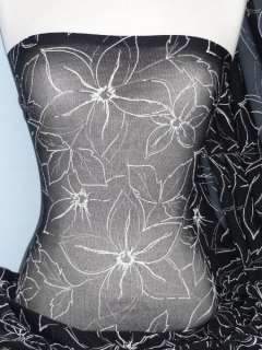 Black With White Floral Print Sheer Stretch Mesh Fabric  