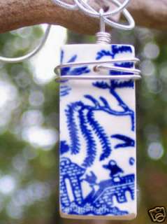 Eco Friendly Blue Willow Dishware Rectangle Pendant Necklaces 