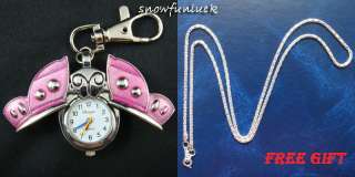 butterfly Pocket Keychain Watch PINK+free necklace+box  