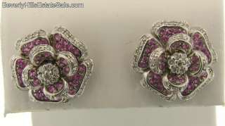 Vintage 14k White Gold Diamonds Pink Sapphires Flower Design Earrings 