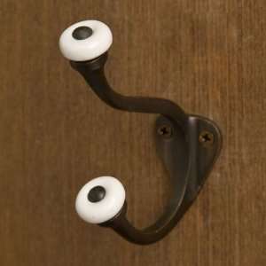  Linwood Double Brass Hook with Porcelain Knobs   Antique 