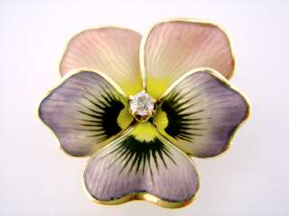   Nouveau 14K Iridescent Guilloche Enamel Pansy Flower Watch Pin Pendant