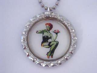 ZOMBIE PIN UP GIRL W/ BRAINS BOTTLE CAP NECKLACE NEW  