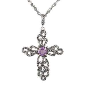   Silver Marcasite and Amethyst Open Work Cross Pendant, 18 Jewelry
