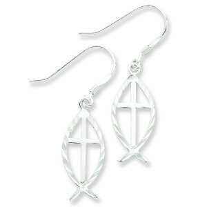  Sterling Silver Diamond Cut Cross W/Fish Earrings Jewelry