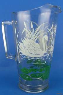 Vintage Clear Glass 48 oz Pitcher Swan Cattail Lily Pad  