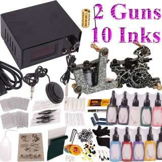 Complete Pro Tattoo Machine Kit 2 Gun 7 Ink Supply Set  