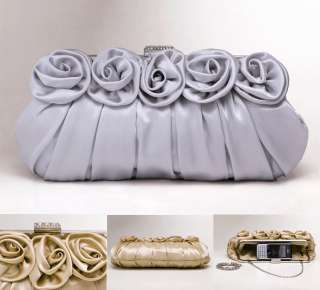 Silver Rose Crystals Wedding Bridal Clutch Evening Bag Purse Women 