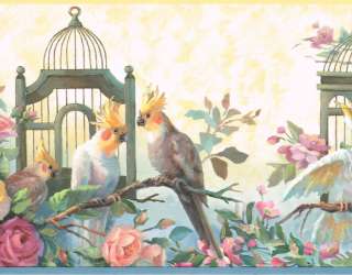   TROPICAL COCKATEIL OUT OF CAGE WITH ROSES Wallpaper Wall bordeR  
