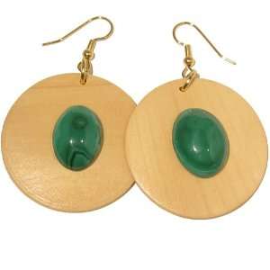 Malachite Earrings 02 Dangle Green Oval Banded Brown Wood Circle 