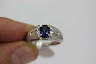 10k pure solid White Gold Sapphire and natural Diamond Mens Ring 