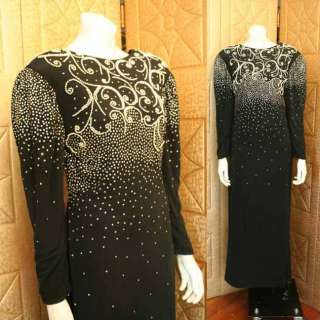VTG 80s ROSE TAFT Black Rhinestone Pearl Evening Dress  
