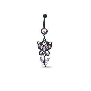  014 Gauge Butterfly Belly Button Ring with Pink and Purple 