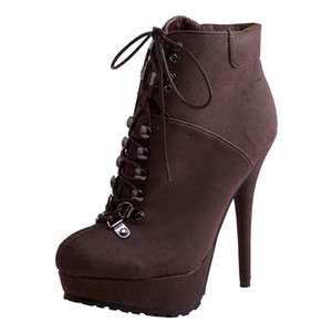   LACE UP STILETTO HIGH HEEL FRONT PLATFORM ANKLE BOOTS BOOTIES BROWN