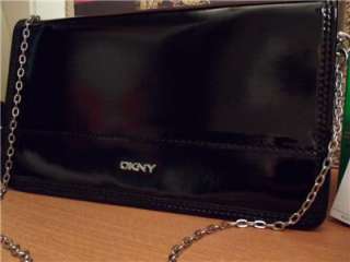 DKNY BLACK PATENT LEATHER CHAIN CLUTCH SMALL SHOULDER BAG INTL SHIP 