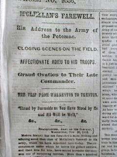 1862 Civil War newspaper GENERAL GEORGE McCLELLAN is FIRED by ABRAHAM 