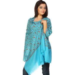 Maui Blue Pure Pashmina Stole with All Over Sozni Embroidery by Hand 