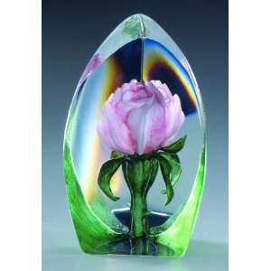Large Rose Pink Flower Etched Crystal Sculpture by Mats Jonasson 