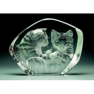  Large Playing Cats Etched Crystal Sculpture by Mats 