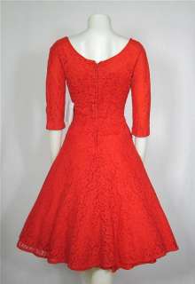 VTG 1950s RED LACE Cocktail Party CIRCLE SKIRT Drop Waist Dress 3/4 