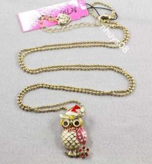 Betsey Johnson Owl With Christmas Hat Stud Earrings ring Necklace Set 