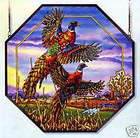 FLYING PHEASANTS 22 OCTAGON NATURE STAINED GLASS PANEL  