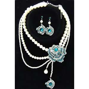 blue rhinestone flower pearl necklace earring set 