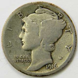 1916 D Mercury Dime   Silver 10c    VG  
