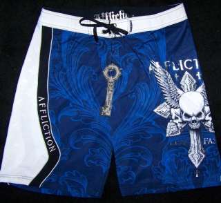 AFFLICTION TWIST EMBROIDERED LOGO BOARD SHORTS SIZE 36 NWT  