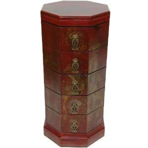  Red Lacquer Five Drawer Octagonal Chest