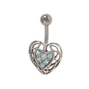    Antique Heart Belly Button Ring with Light Blue Jewels Jewelry
