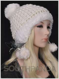 SH Exquisite Pompon Design Girl Beret Beanie Hat Earflaps Ski Faux Fur 