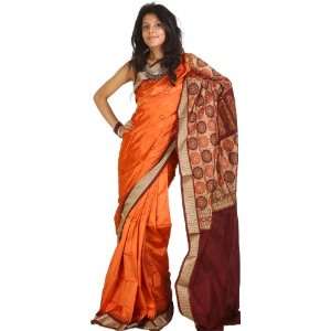 Burnt Ochre Bomkai Sari from Orissa with Hand woven Chakras and 