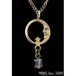 Star Necklace, 14k Yellow Gold, Purple set gemstone, Moon Star Jewelry 