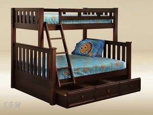   CARTER WALNUT SOLID WOOD TWIN OVER FULL BUNK BED W/ TRUNDLE BED  